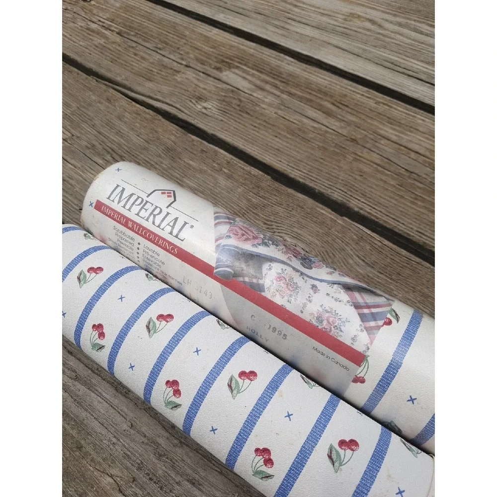 Vintage 2PC Imperial Wall Covering Cherry Stripes Wall Paper Rolls 11ysx20.5